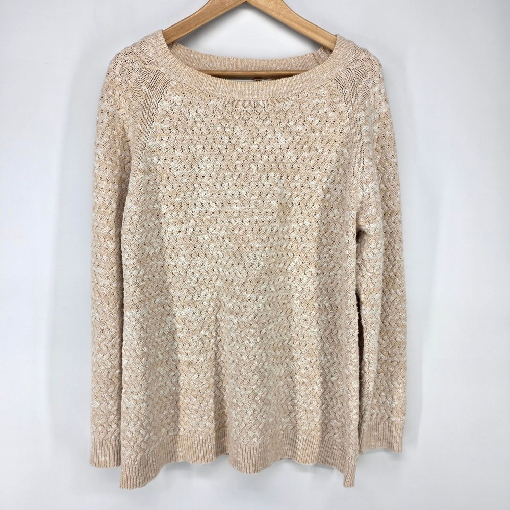 Ella Simone Sweater Womens Large Beige Linen Blend Knit Pointelle Pullover 8554